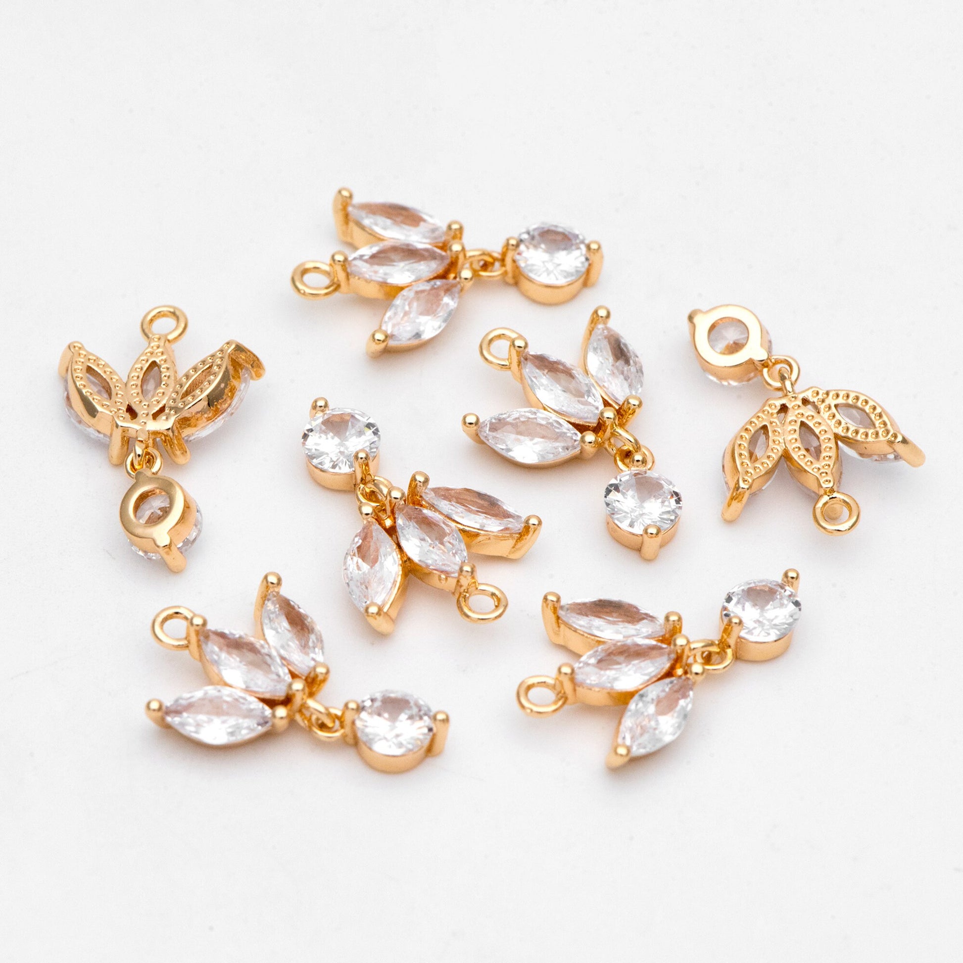 4pcs Gold CZ Pave Flower Charm 18x12mm, Real Gold plated Brass Leaf Pendants (GB-584-E)