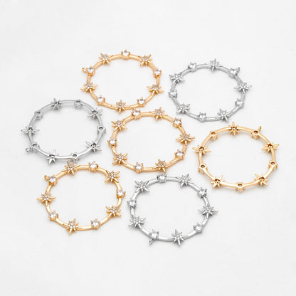 4pcs CZ pave Gold/ Silver Star Ring Pendants 37x35mm, 18K Gold/ Rhodium plated Brass, Rhinestone Round Loop Circle Charms (GB-1048-H)