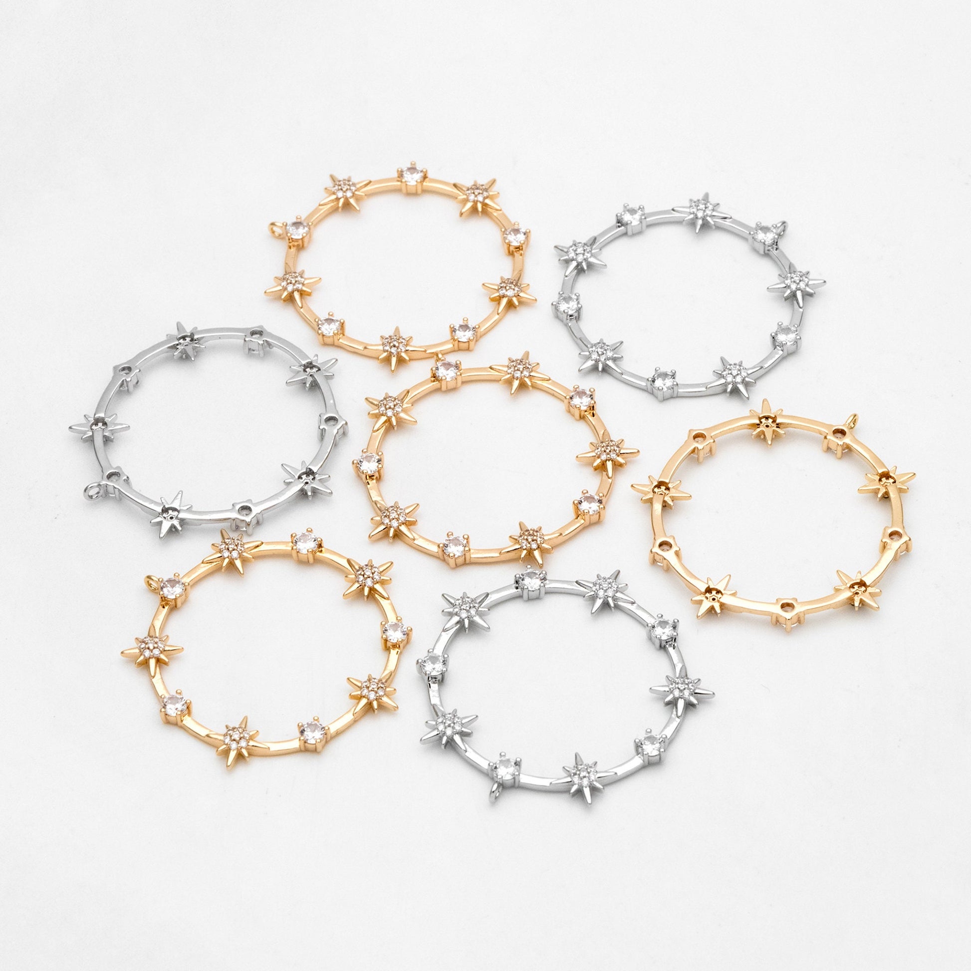 4pcs CZ pave Gold/ Silver Star Ring Pendants 37x35mm, 18K Gold/ Rhodium plated Brass, Rhinestone Round Loop Circle Charms (GB-1048-H)