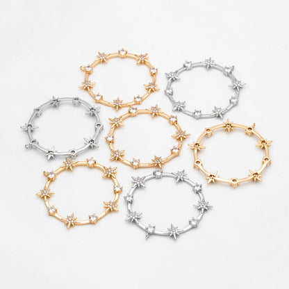4pcs CZ pave Gold/ Silver Star Ring Pendants 37x35mm, 18K Gold/ Rhodium plated Brass, Rhinestone Round Loop Circle Charms (GB-1048-H)