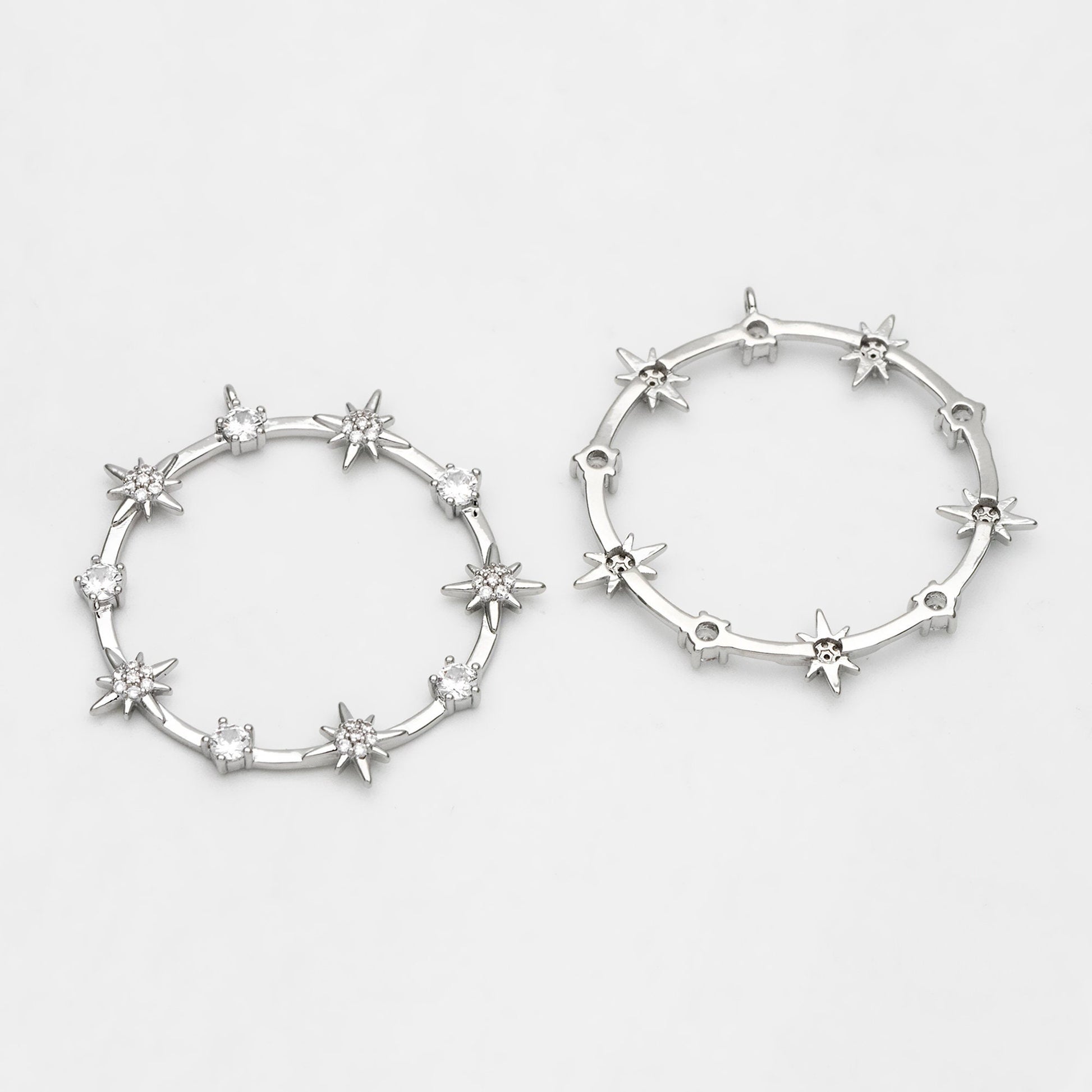 4pcs CZ pave Gold/ Silver Star Ring Pendants 37x35mm, 18K Gold/ Rhodium plated Brass, Rhinestone Round Loop Circle Charms (GB-1048-H)