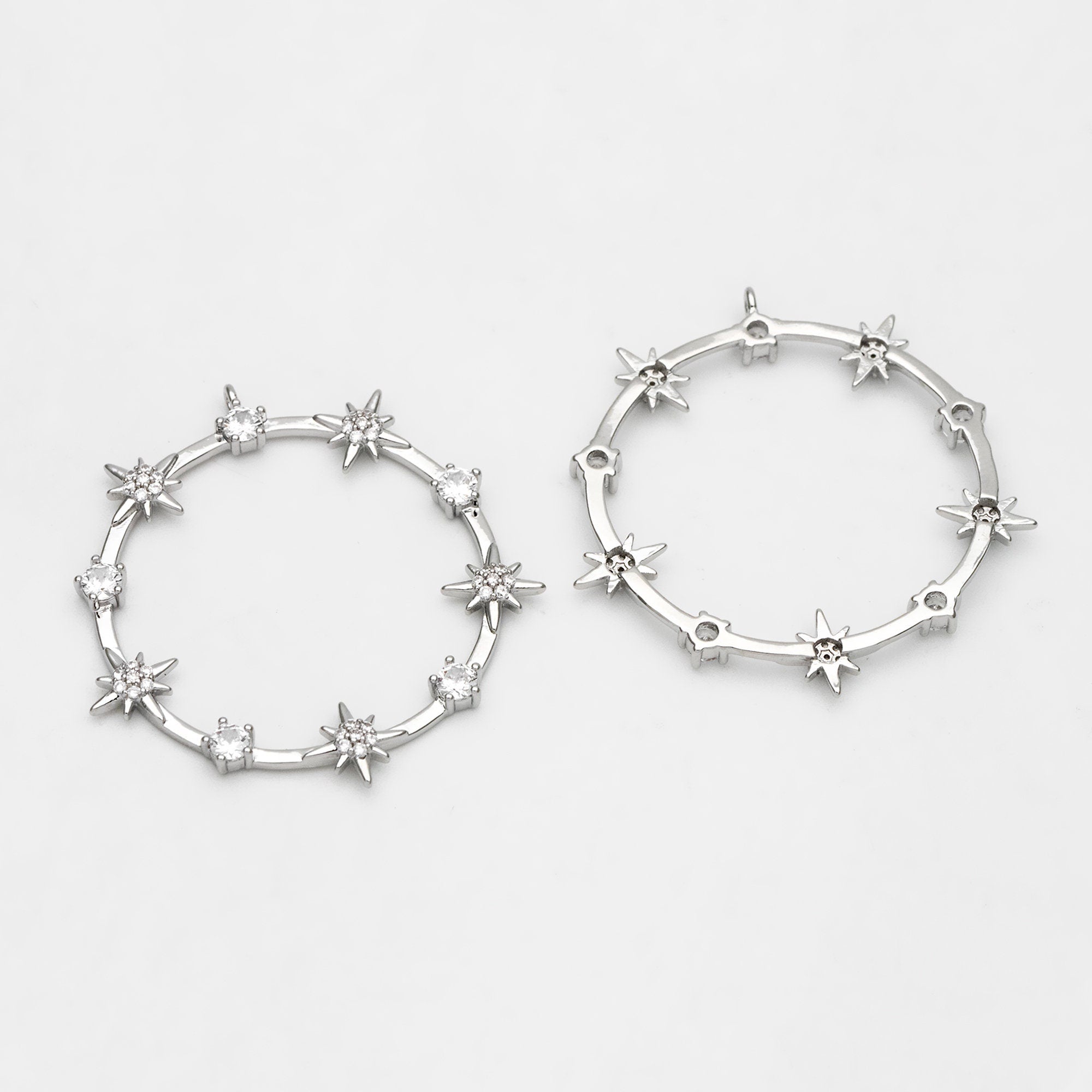 4pcs CZ pave Gold/ Silver Star Ring Pendants 37x35mm, 18K Gold/ Rhodium plated Brass, Rhinestone Round Loop Circle Charms (GB-1048-H)