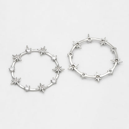 4pcs CZ pave Gold/ Silver Star Ring Pendants 37x35mm, 18K Gold/ Rhodium plated Brass, Rhinestone Round Loop Circle Charms (GB-1048-H)