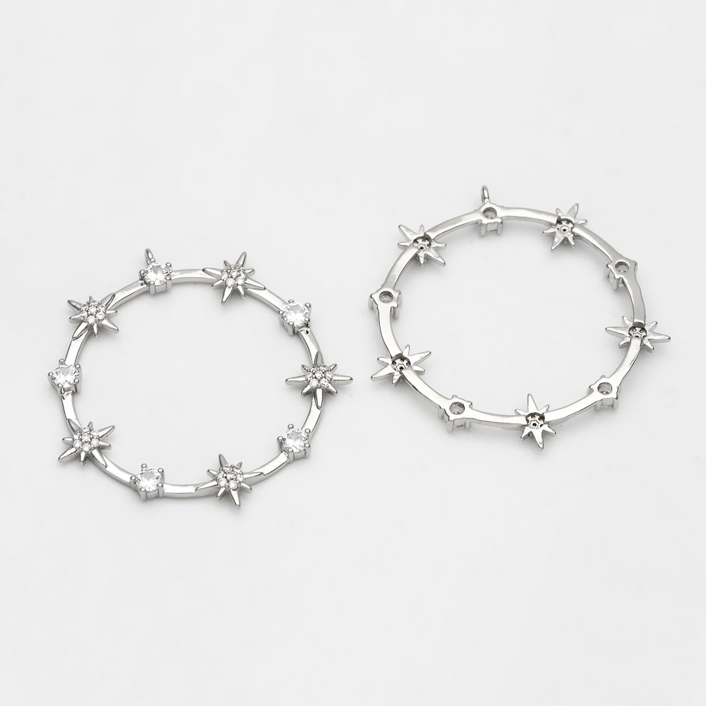 4pcs CZ pave Gold/ Silver Star Ring Pendants 37x35mm, 18K Gold/ Rhodium plated Brass, Rhinestone Round Loop Circle Charms (GB-1048-H)