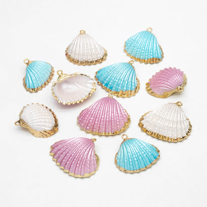 10pcs Natural Shell Charms, Gold plated Shell Pendants, White/ Aqua/ Pink (#V1388)