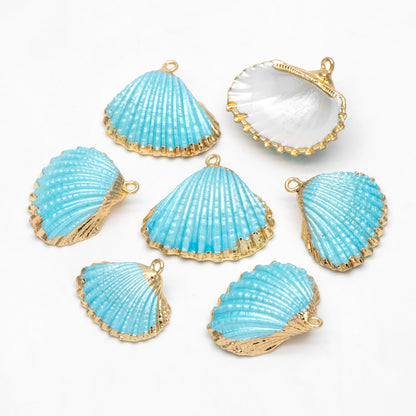 10pcs Natural Shell Charms, Gold plated Shell Pendants, White/ Aqua/ Pink (#V1388)