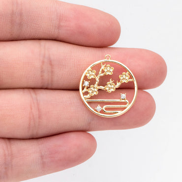 4pcs CZ Pave Gold Round Flower Charms, 18K Gold plated Brass, Branch Pendants (GB-3118-G)