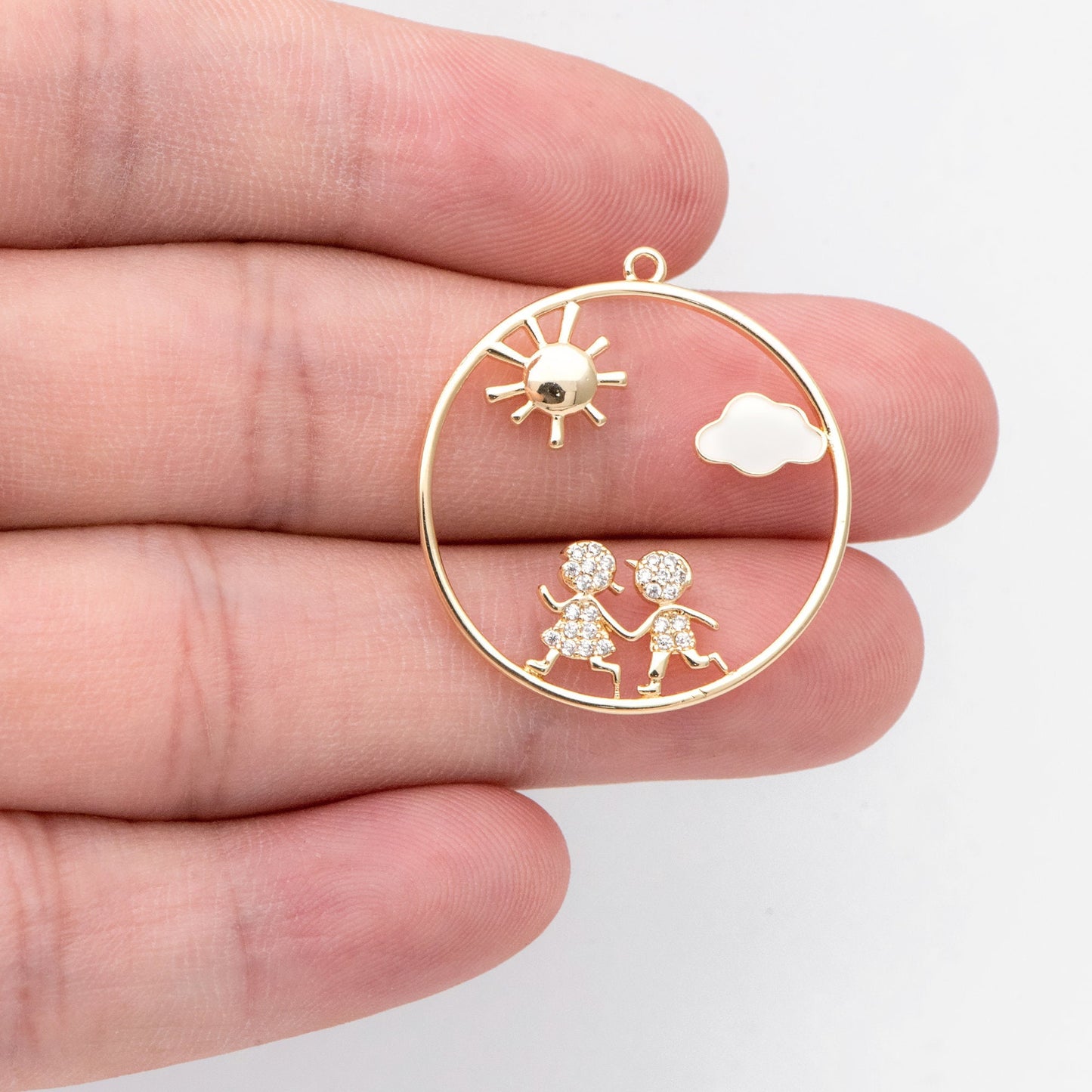 4pcs CZ Pave Gold Round Boy and Girl Charms, 18K Gold plated Brass, Sun Cloud Pendants (GB-3186)