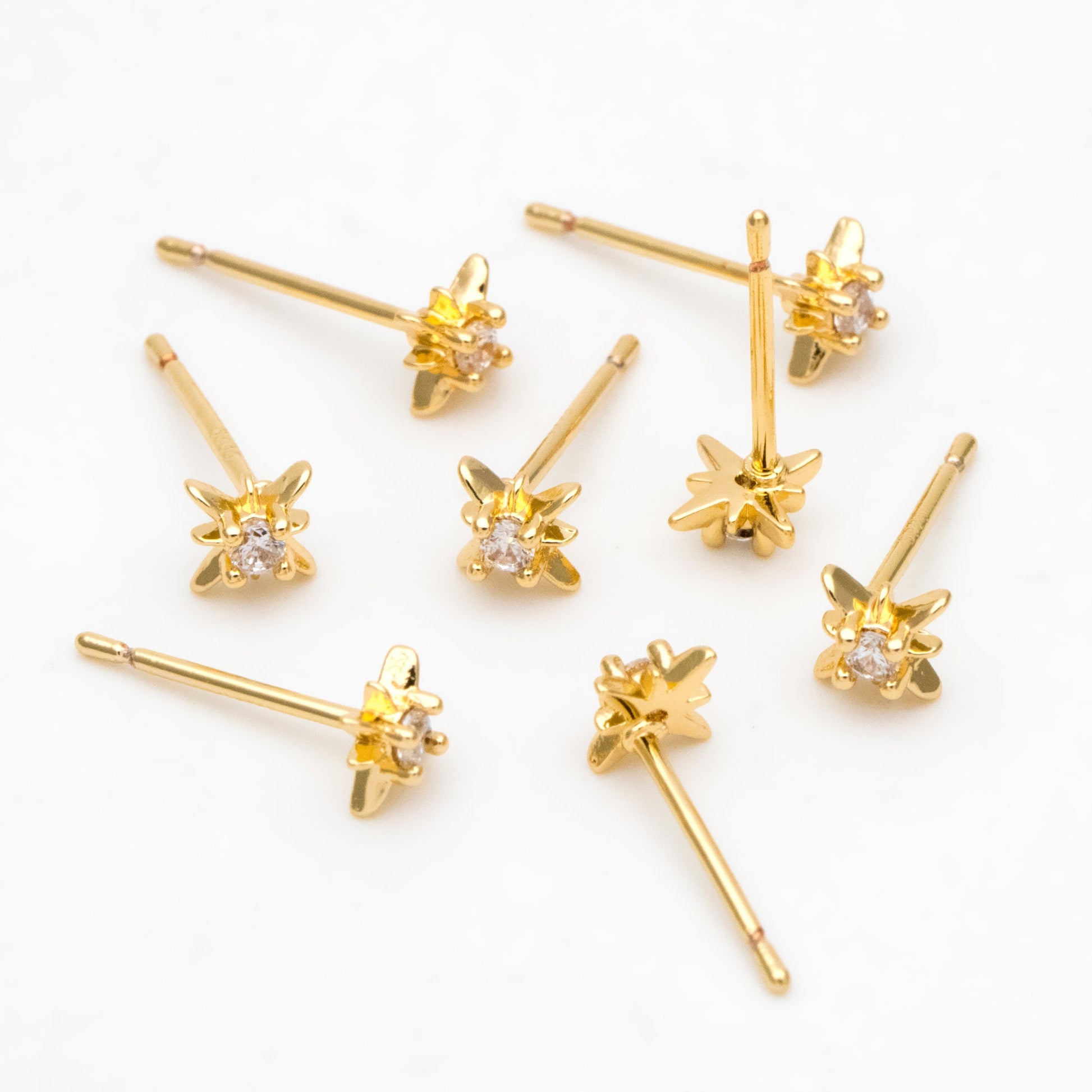 10pcs CZ Pave North Star Ear Posts, 6mm, Real Gold/ Rhodium Plated Brass Star Stud Earrings (#GB-3041-C)