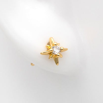 10pcs CZ Pave North Star Ear Posts, 6mm, Real Gold/ Rhodium Plated Brass Star Stud Earrings (#GB-3041-C)