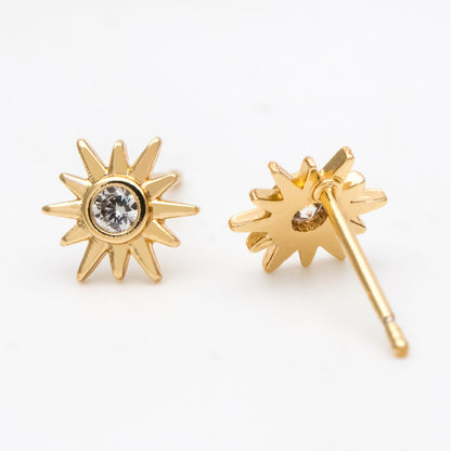 10pcs CZ Pave Gold Sun Ear Posts 8x7mm, Real Gold/ Rhodium Plated Brass Stud Earrings (#GB-3041-J)