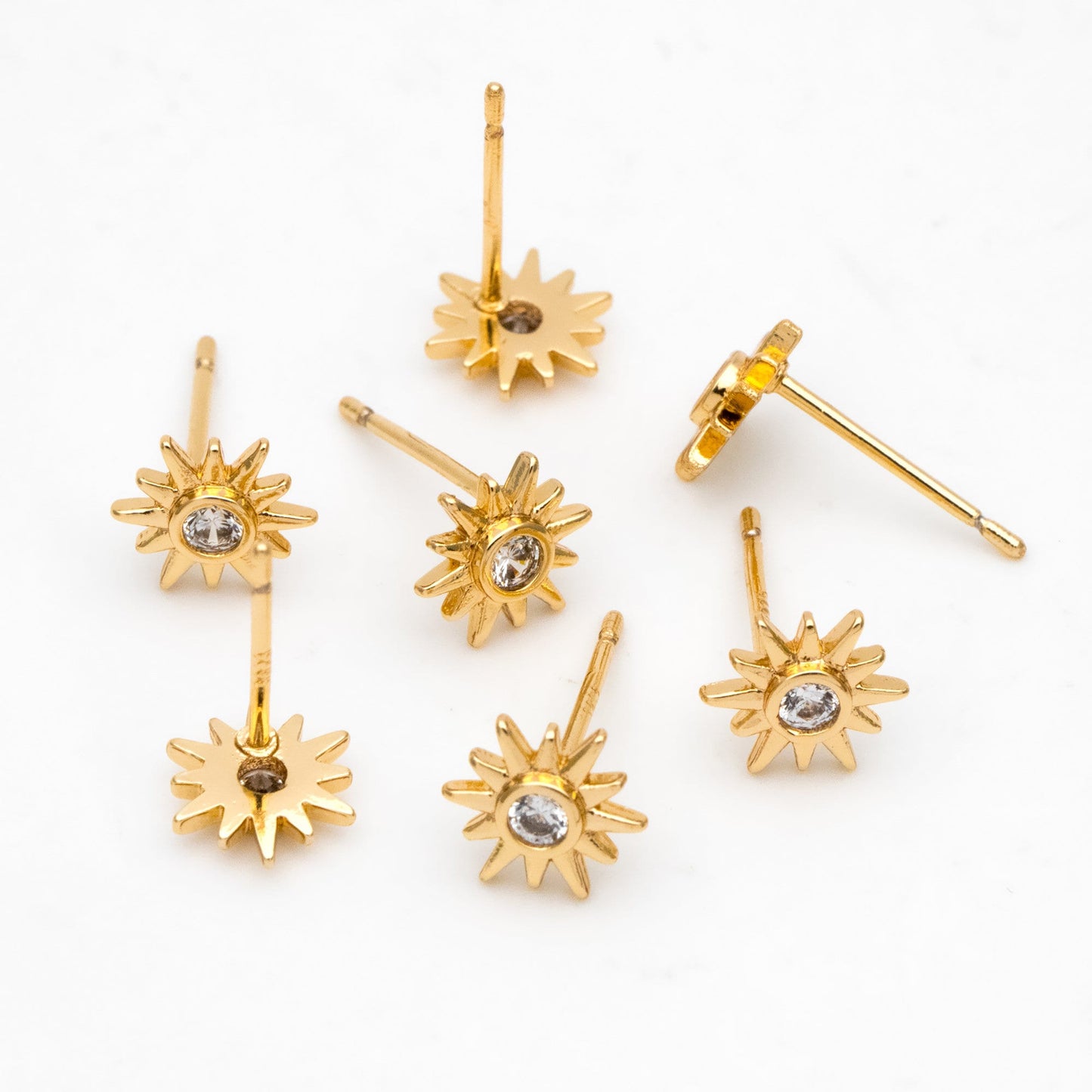 10pcs CZ Pave Gold Sun Ear Posts 8x7mm, Real Gold/ Rhodium Plated Brass Stud Earrings (#GB-3041-J)