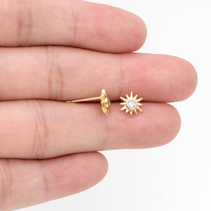 10pcs CZ Pave Gold Sun Ear Posts 8x7mm, Real Gold/ Rhodium Plated Brass Stud Earrings (#GB-3041-J)