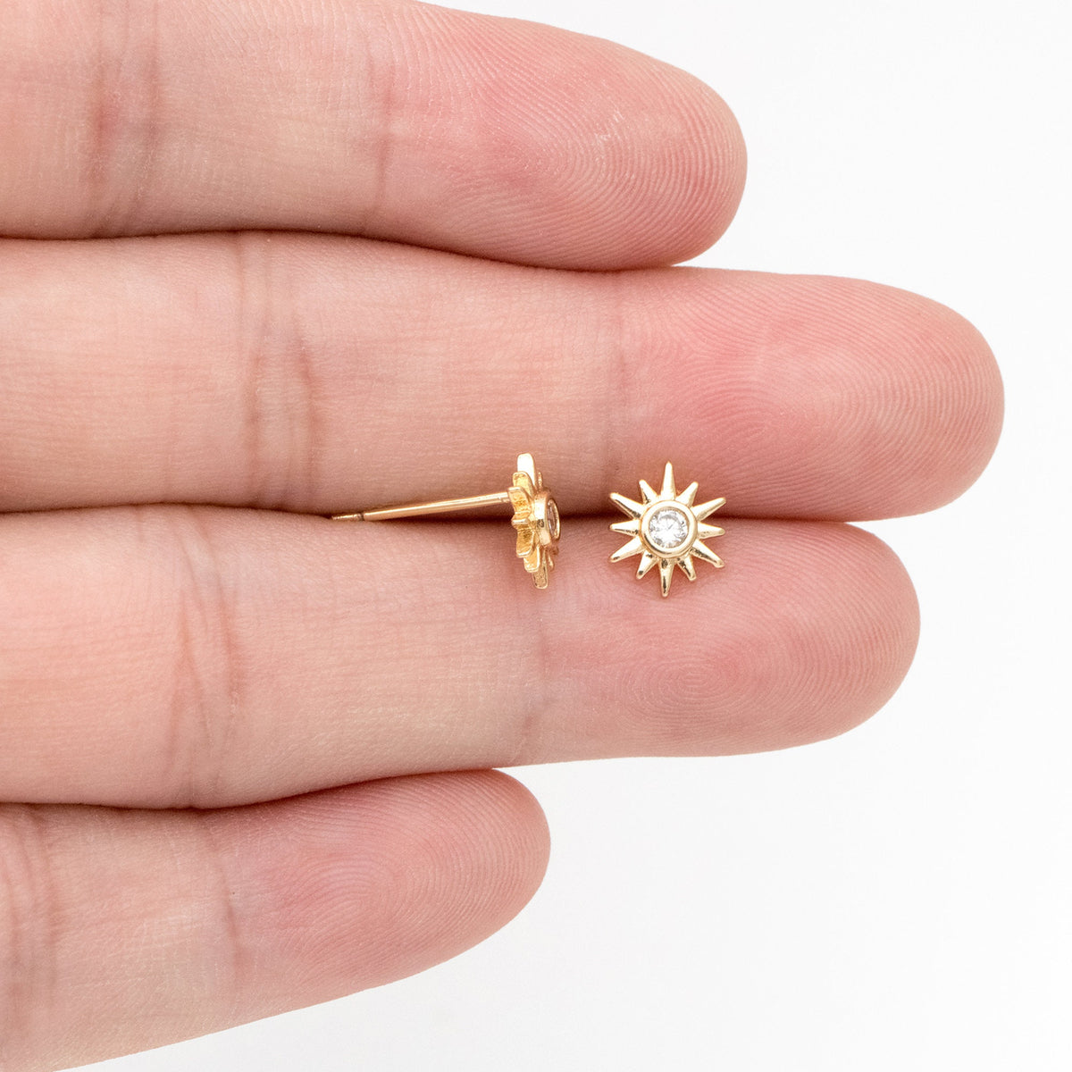 10pcs CZ Pave Gold Sun Ear Posts 8x7mm, Real Gold/ Rhodium Plated Brass Stud Earrings (#GB-3041-J)