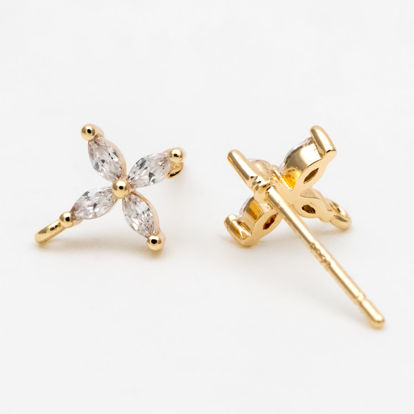 4pcs CZ Pave Gold Flower Stud Earring with Loop, Gold Plated Brass, Jewelry Supplies (GB-3311)