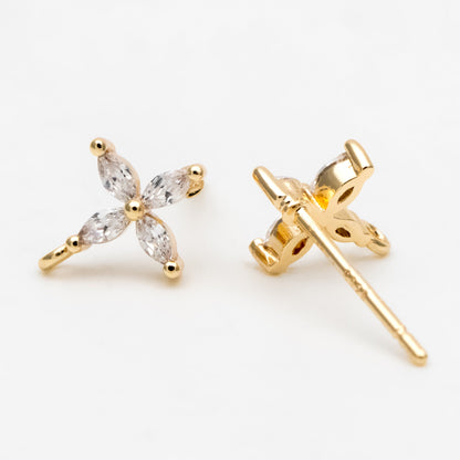 4pcs CZ Pave Gold Flower Stud Earring with Loop, Gold Plated Brass, Jewelry Supplies (GB-310-F)