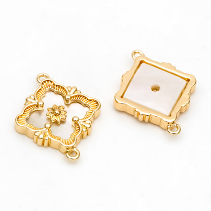 10pcs Shell Pave Gold Flower Charms, 18K Gold plated Brass, Rhombus Flower Pendants Connector (GB-3780-L)