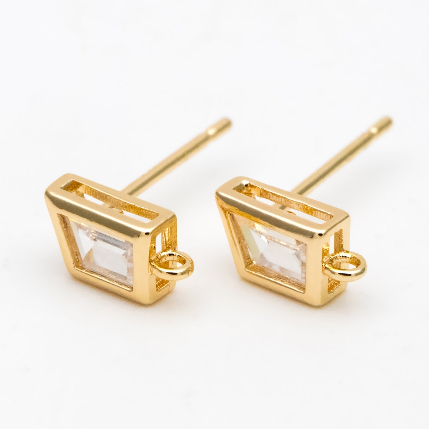 4pcs CZ Pave Trapezoid Earring Stud with Loop, 18K Gold plated Brass Ear Posts, Geometric Earring Findings (#GB-3326)