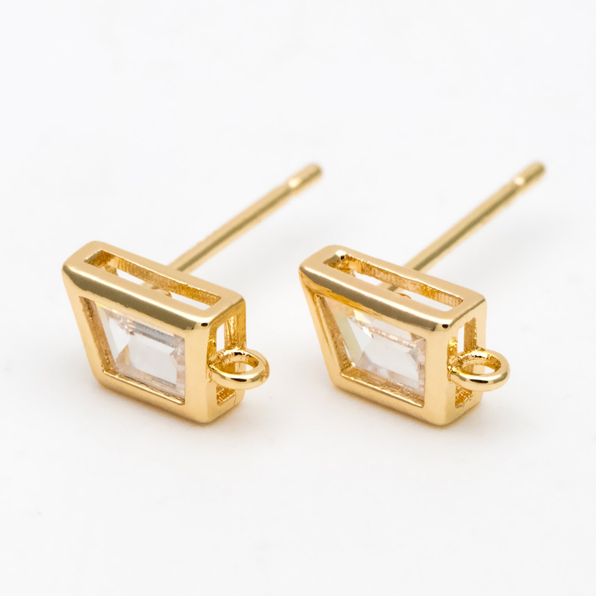 4pcs CZ Pave Trapezoid Earring Stud with Loop, 18K Gold plated Brass Ear Posts, Geometric Earring Findings (#GB-3326)