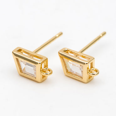 4pcs CZ Pave Trapezoid Earring Stud with Loop, 18K Gold plated Brass Ear Posts, Geometric Earring Findings (#GB-3326)