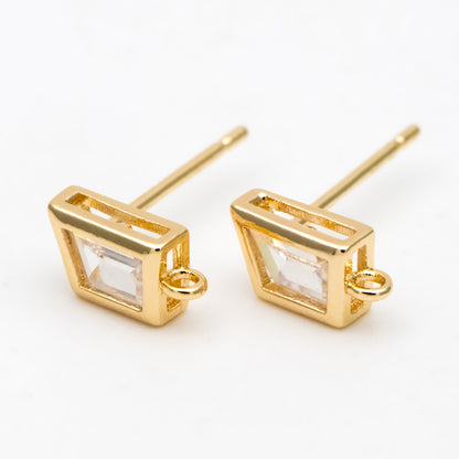 4pcs CZ Pave Trapezoid Earring Stud with Loop, 18K Gold plated Brass Ear Posts, Geometric Earring Findings (#GB-3326)