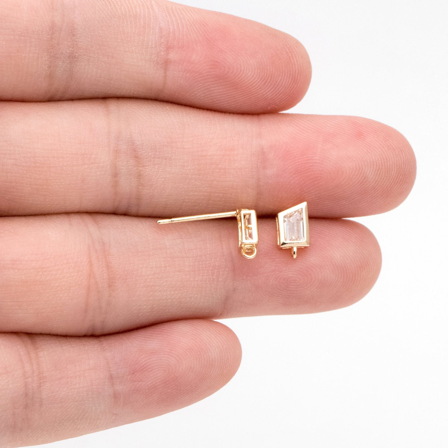 4pcs CZ Pave Trapezoid Earring Stud with Loop, 18K Gold plated Brass Ear Posts, Geometric Earring Findings (#GB-3326)