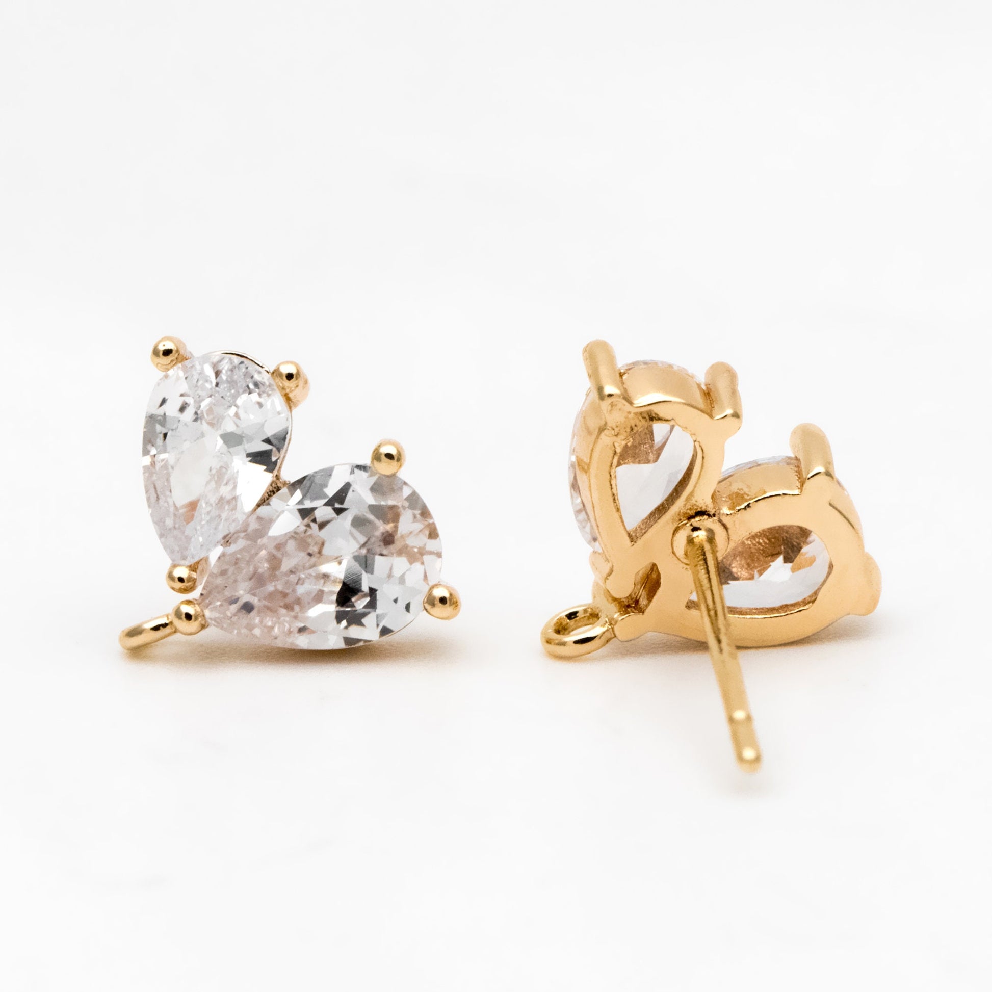 4pcs CZ Pave Heart Earring with Loop, Gold Plated Brass leaf Stud Earrings, Teardrop Earring, Wholesale Supplies (GB-3328)