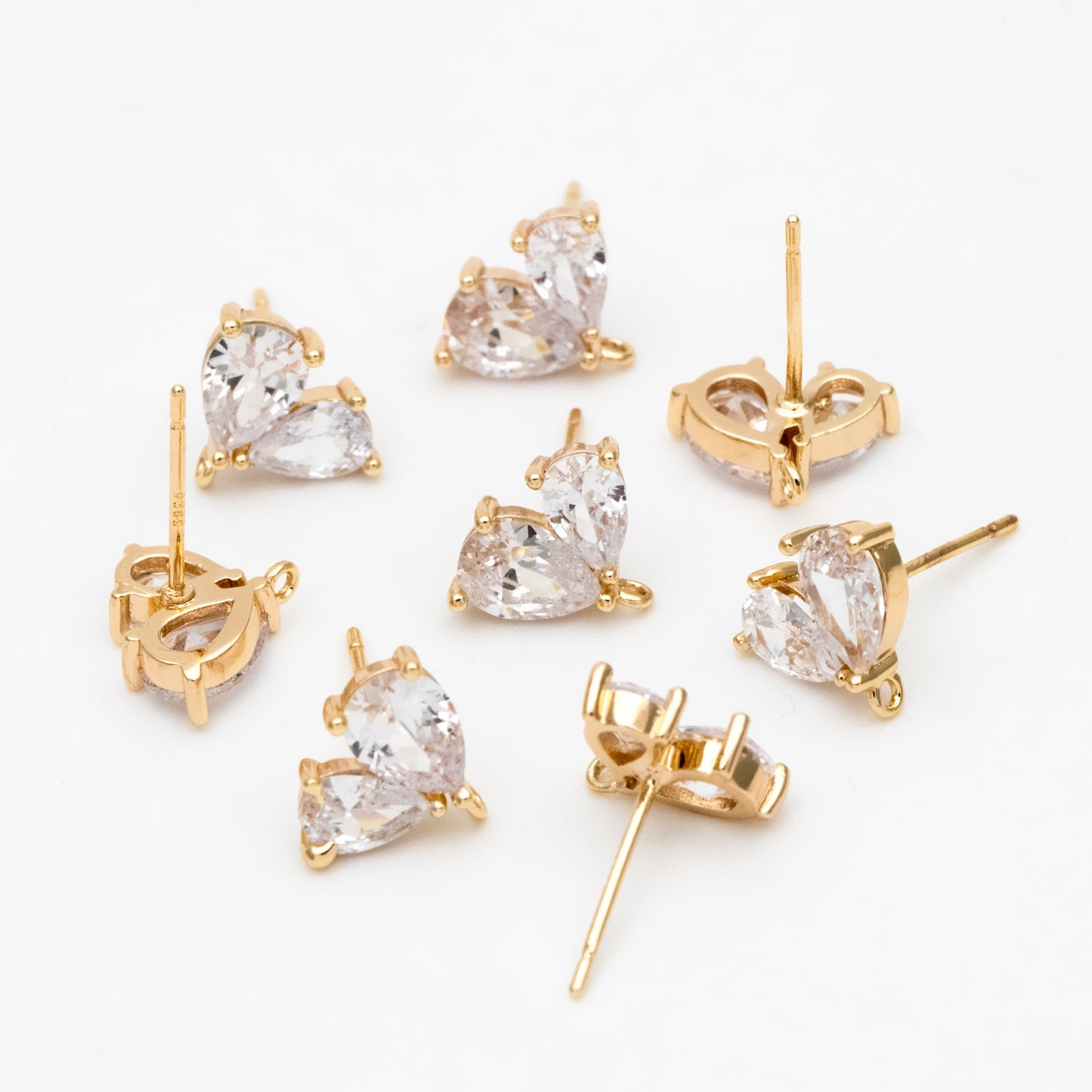 4pcs CZ Pave Heart Earring with Loop, Gold Plated Brass leaf Stud Earrings, Teardrop Earring, Wholesale Supplies (GB-3328)