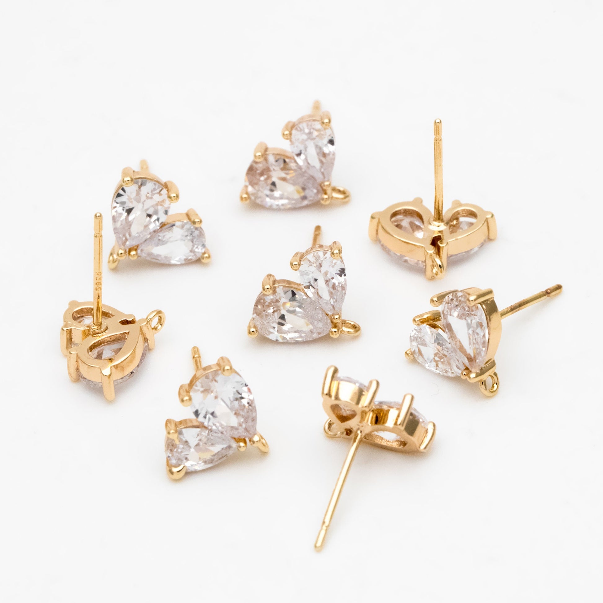 4pcs CZ Pave Heart Earring with Loop, Gold Plated Brass leaf Stud Earrings, Teardrop Earring, Wholesale Supplies (GB-3328)