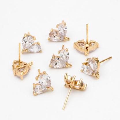 4pcs CZ Pave Heart Earring with Loop, Gold Plated Brass leaf Stud Earrings, Teardrop Earring, Wholesale Supplies (GB-3328)