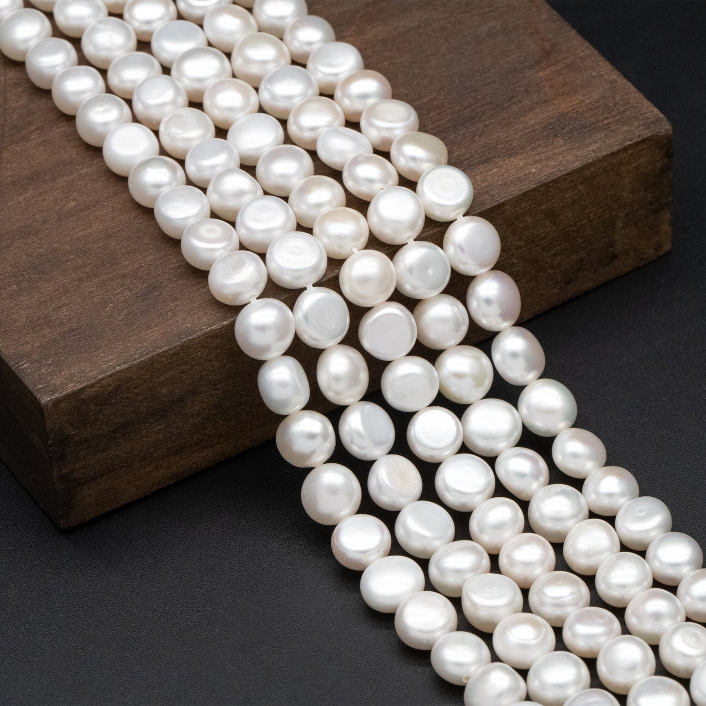 Freshwater Button Pearl 7-8mm, White Fresh Water Coin Pearl, Natural Mushroom Pearl Beads -(PL-73)/ 14.5" Full strand