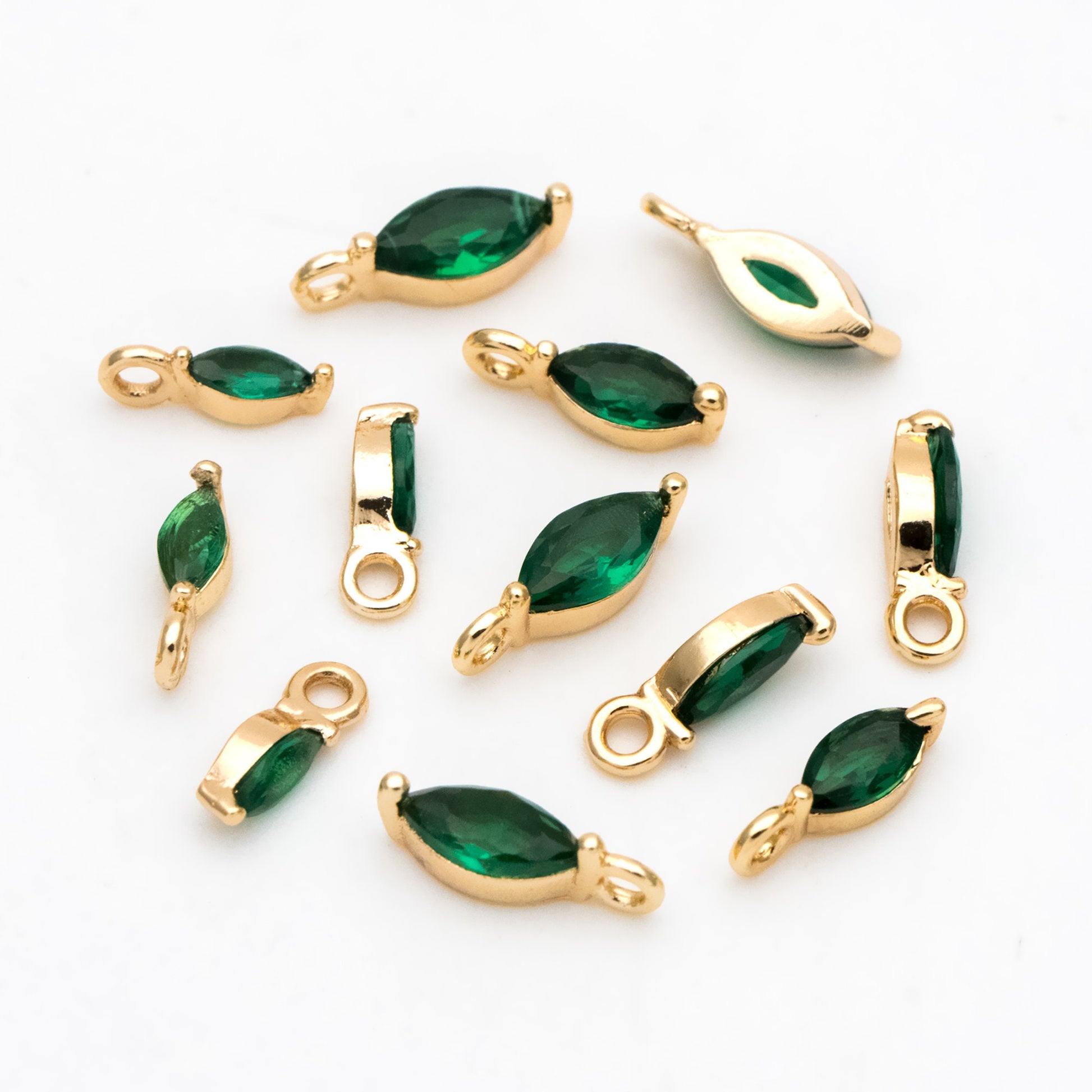 10pcs Green Glass pave Tiny Leaf Charm, Emerald Marquise Charms (GB-3299)