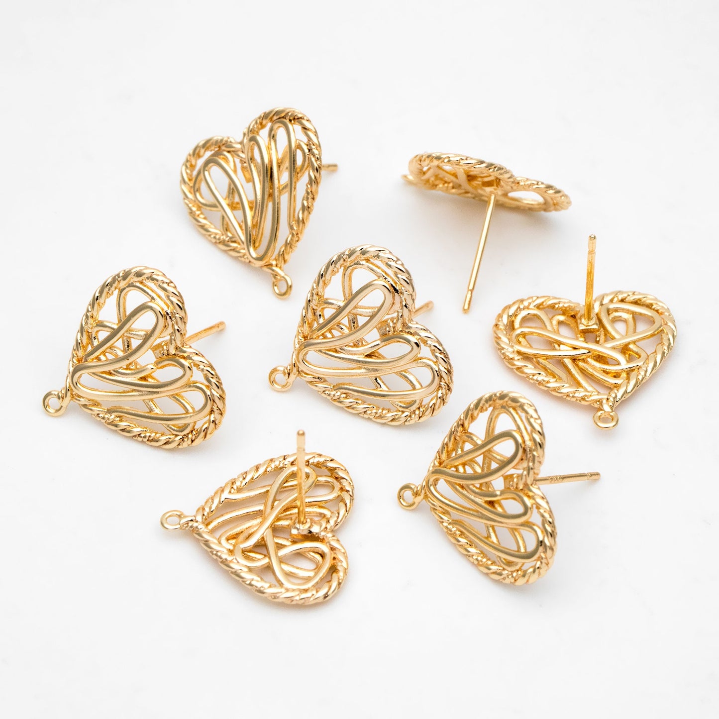10pcs Gold Filigree Heart Earring with Loop, Gold Plated Brass Stud Earrings, Jewelry Findings, Wholesale Supplies (GB-3340)
