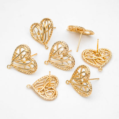 10pcs Gold Filigree Heart Earring with Loop, Gold Plated Brass Stud Earrings, Jewelry Findings, Wholesale Supplies (GB-3340)