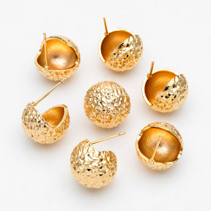 4pcs Gold Ball Ear Posts 14mm, Real Gold plated Brass, Round Earring Studs (GB-3342)