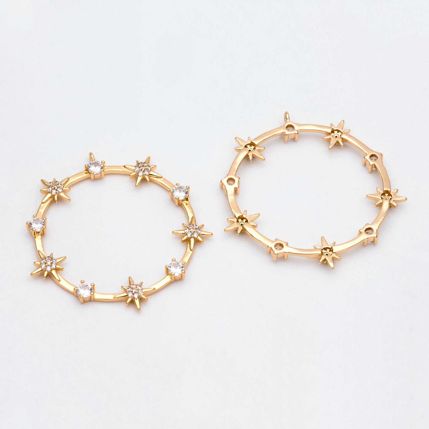 4pcs CZ pave Gold/ Silver Star Ring Pendants 37x35mm, 18K Gold/ Rhodium plated Brass, Rhinestone Round Loop Circle Charms (GB-1048-H)