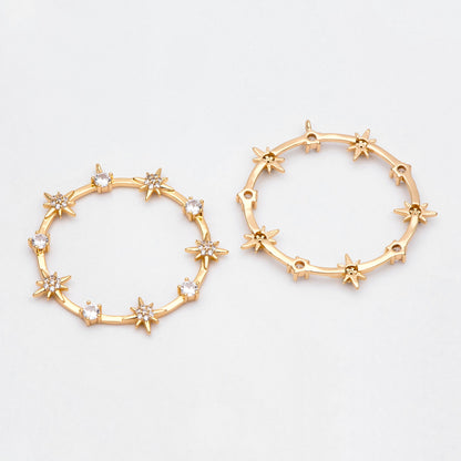 4pcs CZ pave Gold/ Silver Star Ring Pendants 37x35mm, 18K Gold/ Rhodium plated Brass, Rhinestone Round Loop Circle Charms (GB-1048-H)