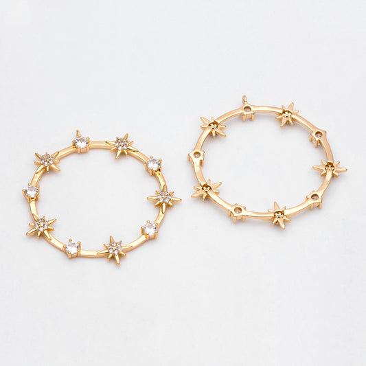 4pcs CZ pave Gold/ Silver Star Ring Pendants 37x35mm, 18K Gold/ Rhodium plated Brass, Rhinestone Round Loop Circle Charms (GB-1048-H)