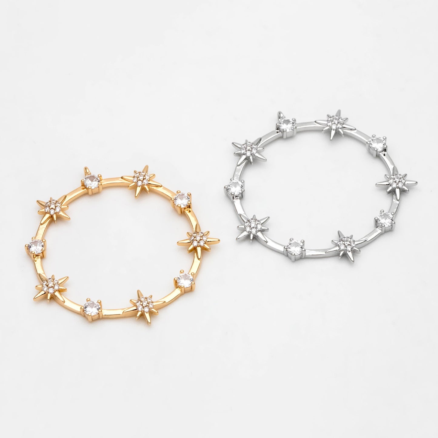 4pcs CZ pave Gold/ Silver Star Ring Pendants 37x35mm, 18K Gold/ Rhodium plated Brass, Rhinestone Round Loop Circle Charms (GB-1048-H)