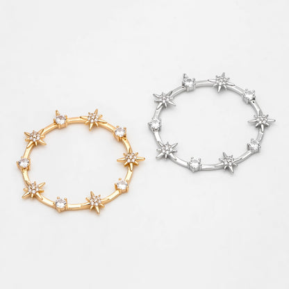 4pcs CZ pave Gold/ Silver Star Ring Pendants 37x35mm, 18K Gold/ Rhodium plated Brass, Rhinestone Round Loop Circle Charms (GB-1048-H)