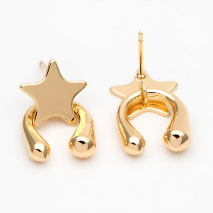 4pcs Gold Star Ear Posts, Real Gold Plated Brass, Star Stud Earrings (#GB-3348)