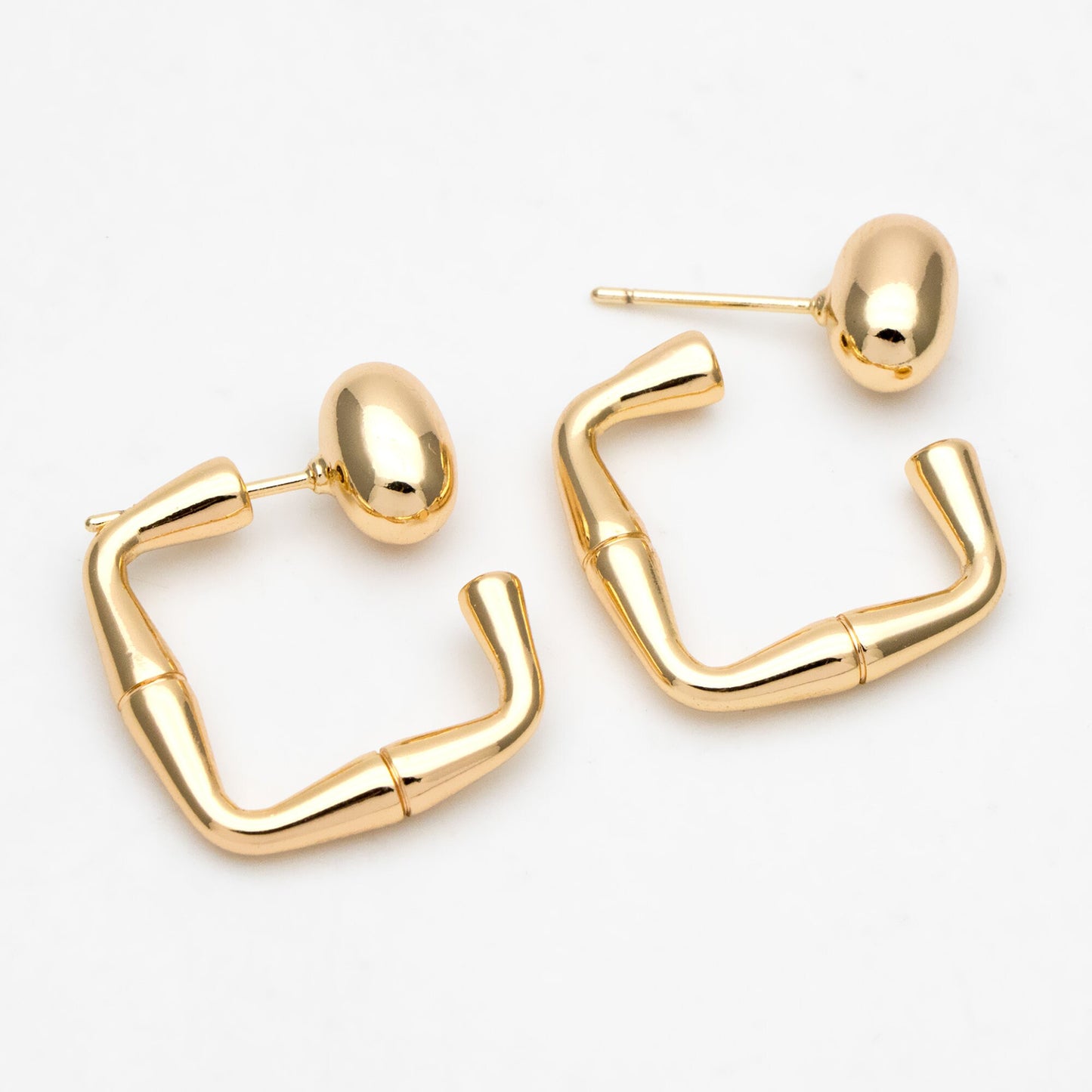 4pcs Oval Bead Ear Post with Square Ear Back, Geometric Earring Posts, 18K Gold Plated Earring Studs (GB-3349)