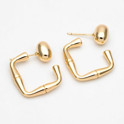 4pcs Oval Bead Ear Post with Square Ear Back, Geometric Earring Posts, 18K Gold Plated Earring Studs (GB-3349)