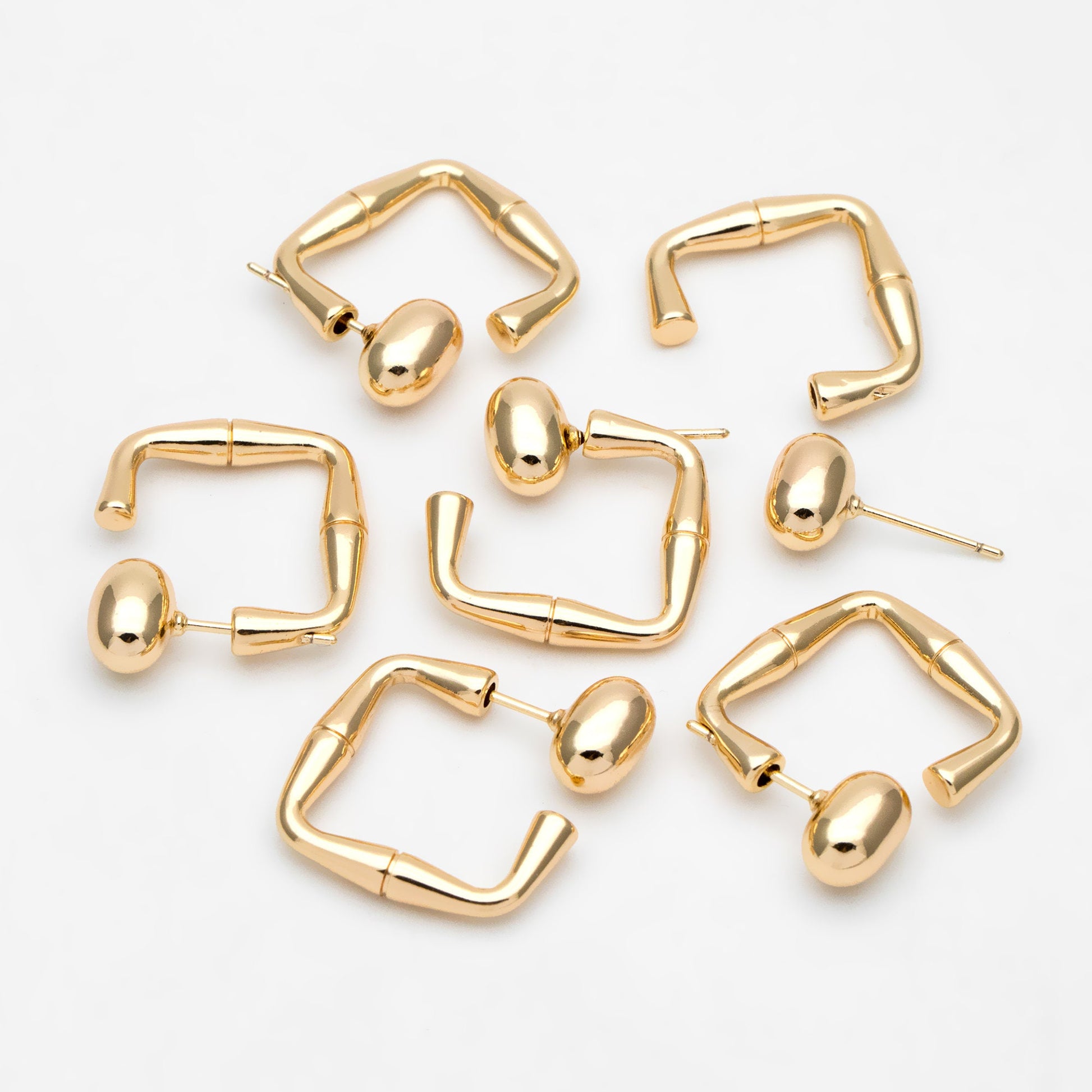 4pcs Oval Bead Ear Post with Square Ear Back, Geometric Earring Posts, 18K Gold Plated Earring Studs (GB-3349)