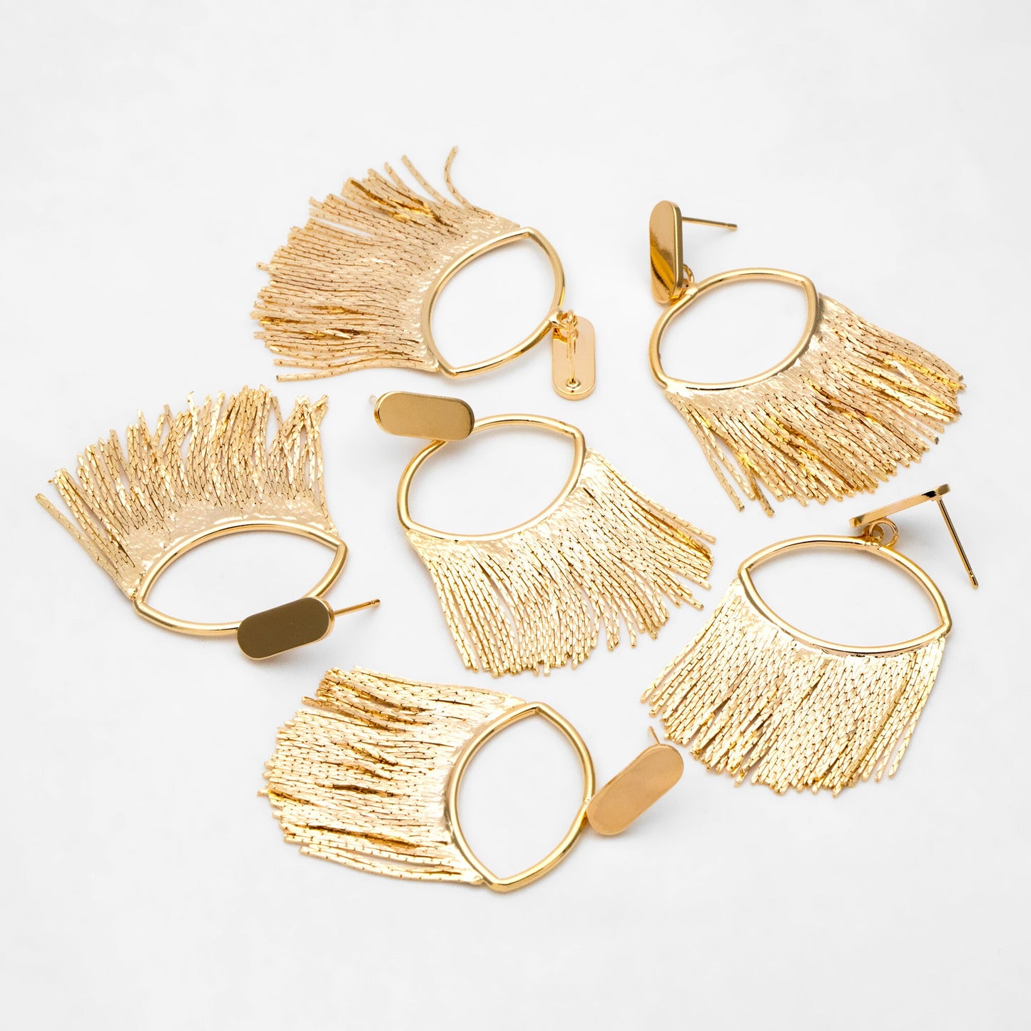 4pcs Gold Oval Hoop Tassel Ear Posts 52mm, 18K Gold plated Brass Dangling Stud Earring (GB-3351)