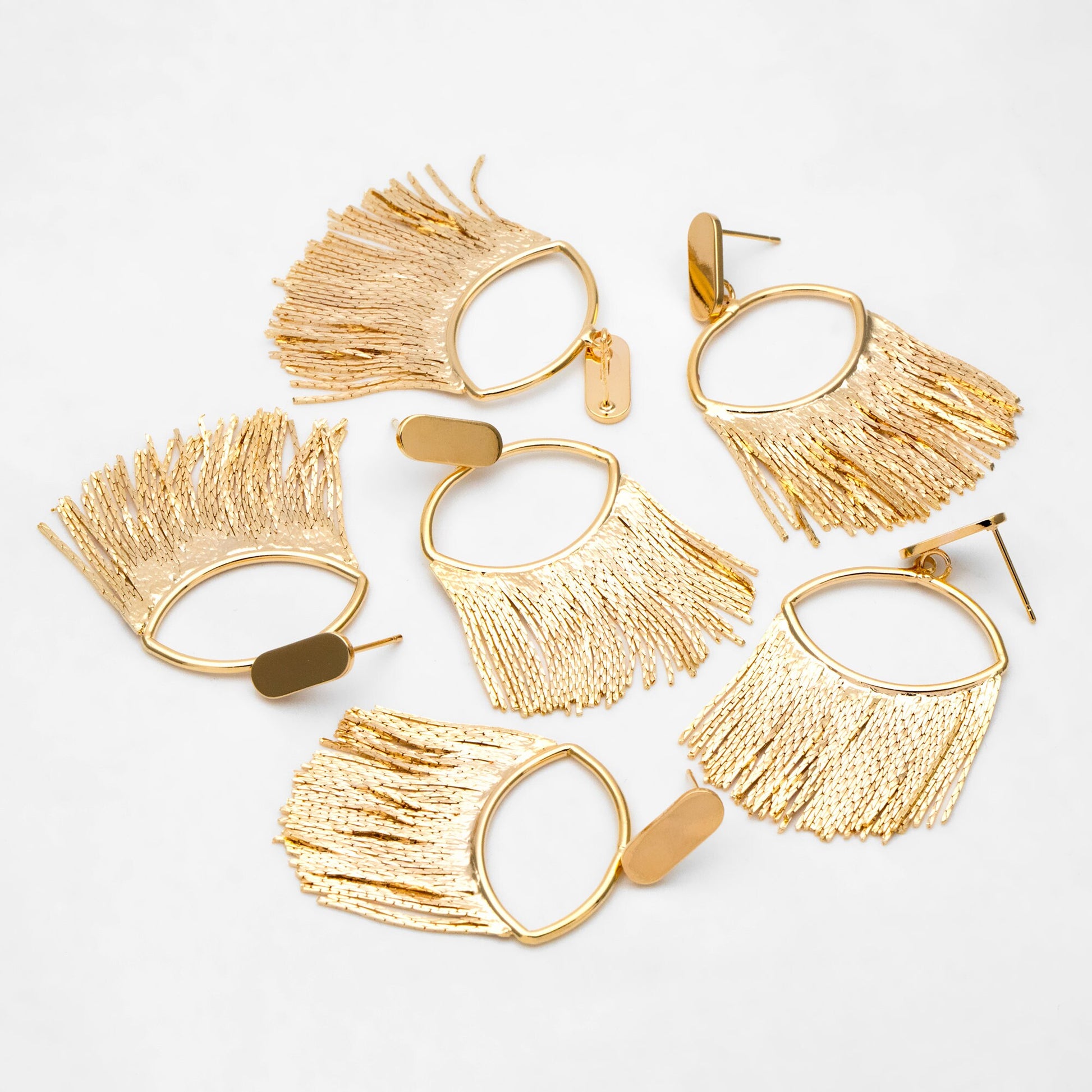 4pcs Gold Oval Hoop Tassel Ear Posts 52mm, 18K Gold plated Brass Dangling Stud Earring (GB-3351)