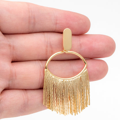 4pcs Gold Oval Hoop Tassel Ear Posts 52mm, 18K Gold plated Brass Dangling Stud Earring (GB-3351)