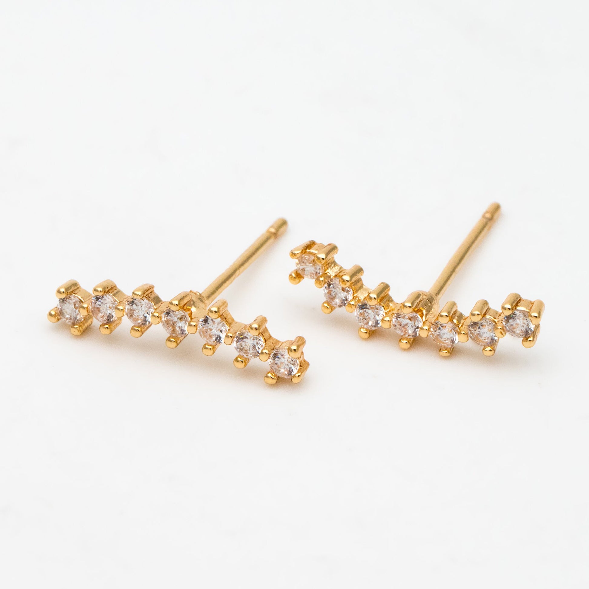 4pcs CZ Pave Gold Curved Bar Ear Posts, Real Gold Plated Brass Stick Stud Earrings (#GB-3353)