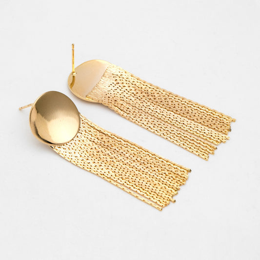 4pcs Gold Round Disc Tassel Ear Posts 48mm, 18K Gold plated Brass Dangling Stud Earring (GB-3356)