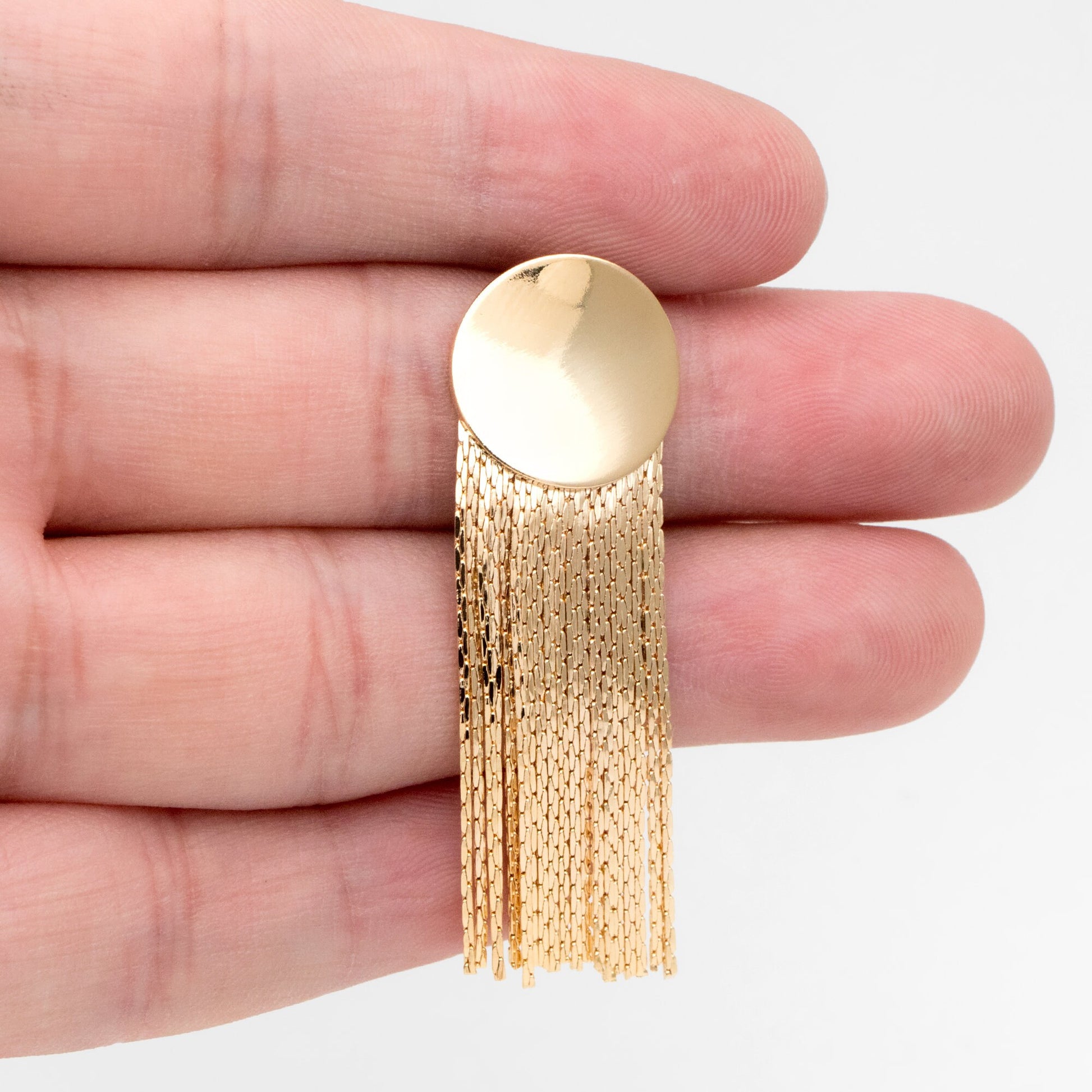 4pcs Gold Round Disc Tassel Ear Posts 48mm, 18K Gold plated Brass Dangling Stud Earring (GB-3356)